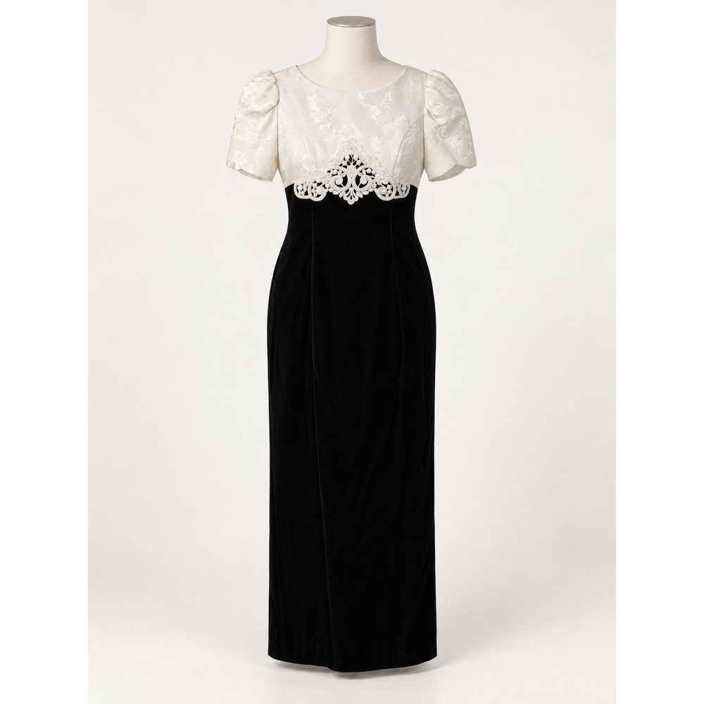 Vintage Style Black Velvet White Jacquard Maxi Dress Lace Waist Puff Sleeve